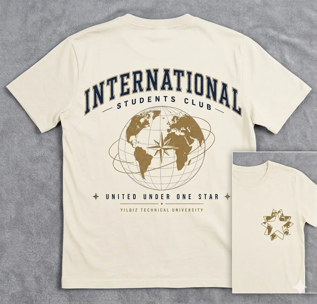 Cream half-sleeve International Students Club T-shirt shown from the back and front