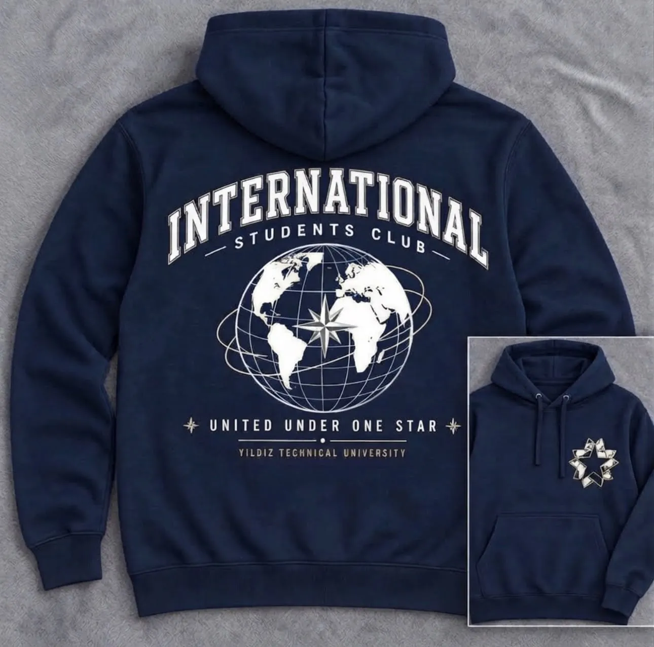 Navy International Students Club hoodie shown from the back and front