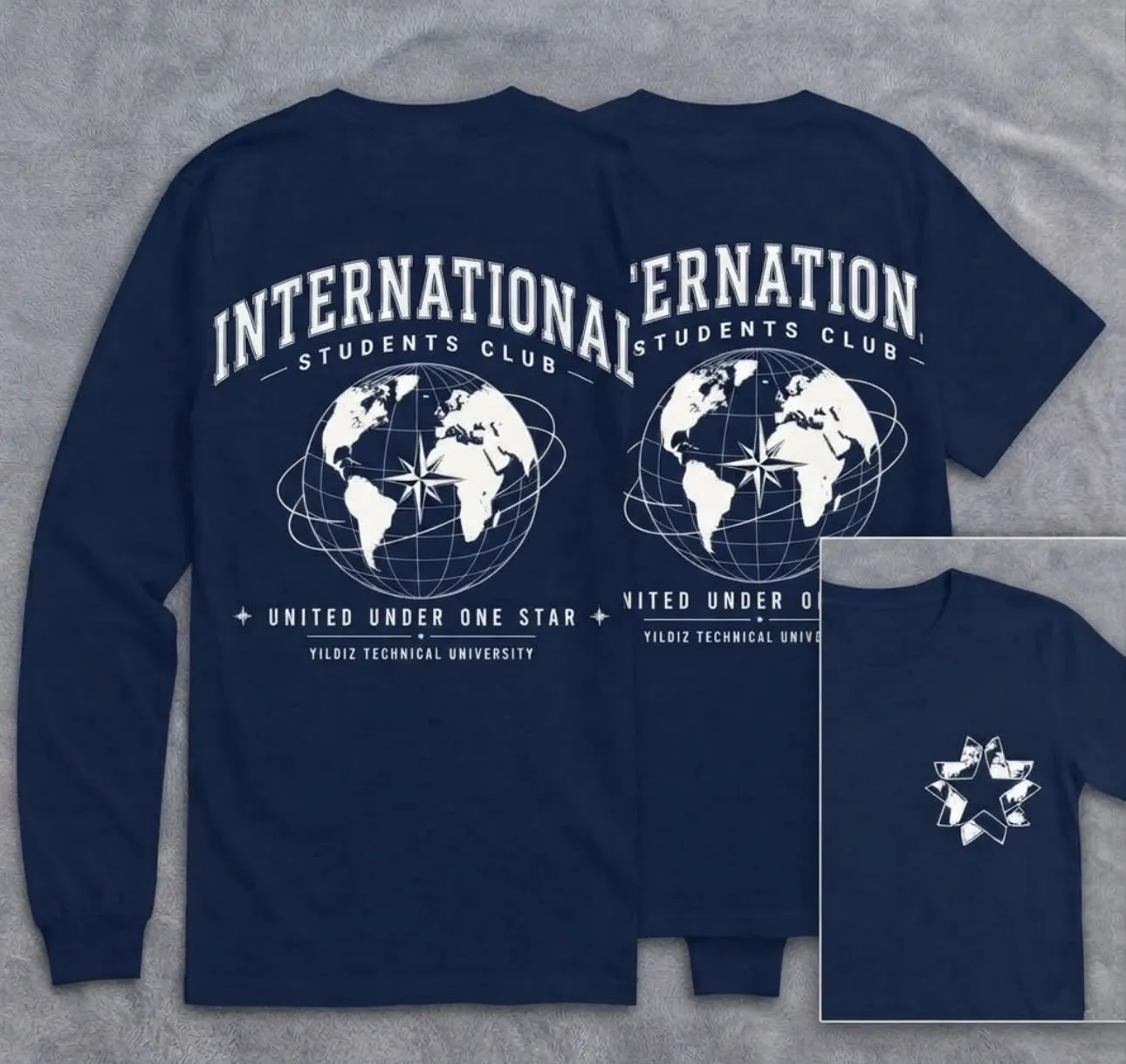 Navy half-sleeve and long-sleeve International Students Club shirts